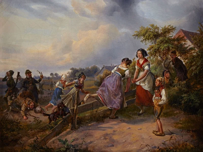 1805-Ludwig Elsholtz - La caccia disastrosa (alcune ragazze del villaggio cercano rifugio da un gruppo di cacciatori domenicali)